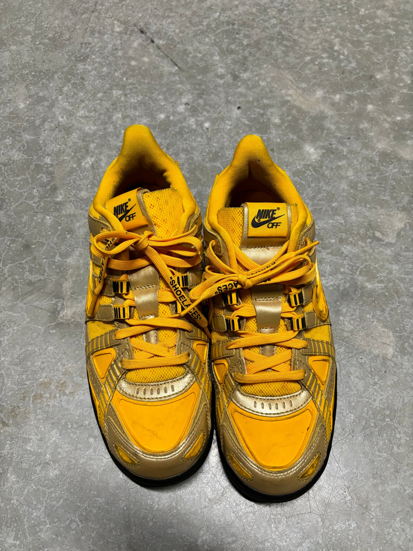 OFF WHITE RUBBER DUNKS “ university gold “